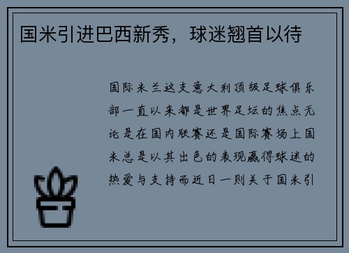 国米引进巴西新秀，球迷翘首以待